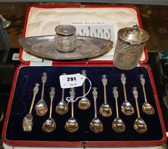 Set of reproduction Elizabethan Seal Top Apostle teaspoons, cased (12 of 13, 2 a.f) & silver boat-shaped inkstand etc.(-)